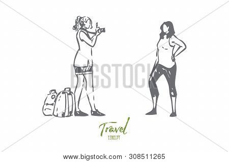 Friends Travel Concept Sketch. Taking Picture Near Local Landmark. Explorers Photographing Culture, 