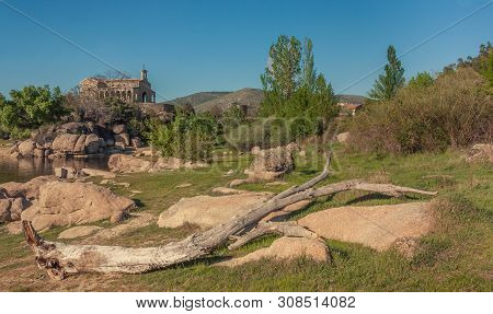 Valle Iruelas, Avila, Spain - April 7, 2014: View Of A Fallen Tree In Front On A Meadow, With A Smal