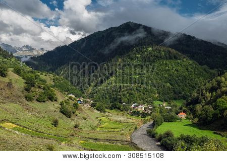 View To The Bogreshi Village And Small River In Mountains Of Svaneti Georgia