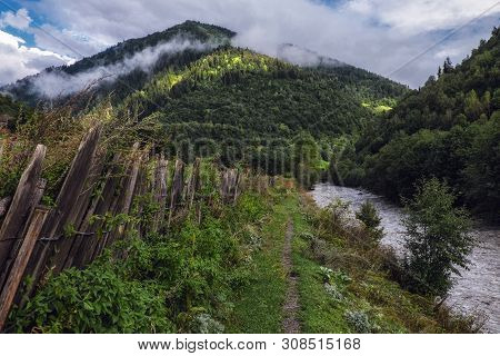 Route To The Bogreshi Village And Small River In Mountains Of Svaneti Georgia