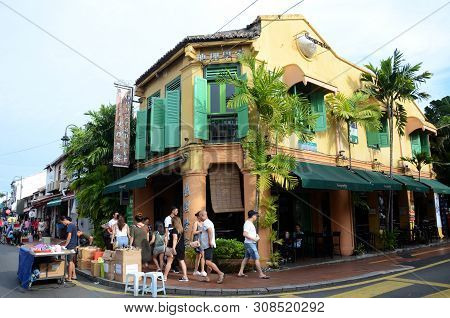 Melaka, Malaysia - 25 Jun, 2019: View Of Famous Geographer Caf Along Jonker Street Malacca.