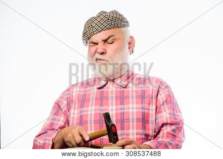 Considering The Next Step. Cobbler Workmanship. Shoemaker At Work. Shoemaker Working With Leather Te