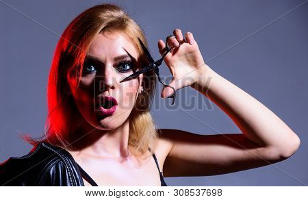 Haidresser Salon. Professional Hairdresser With Scissors. Hair Cutting Tool. Sexy Woman With Fashion