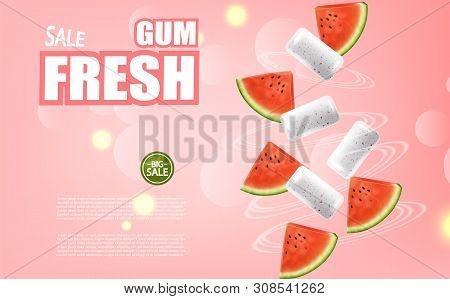 Watermelon Chewing Gum Vector Realistic. Advertise Template Mock Up. Product Placement Detailed Labe