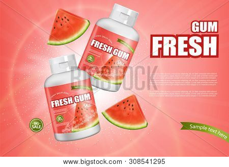 Watermelon Chewing Gum Vector Realistic. Advertise Template Mock Up. Product Placement Detailed Labe