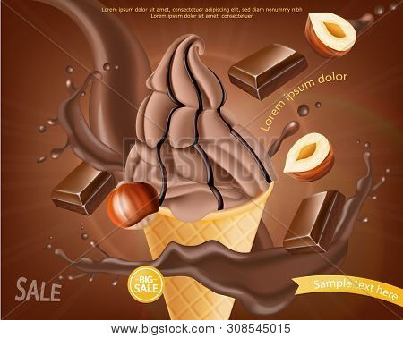 Chocolate Ice Cream Cone Vector Realistic. Dark Chocolate Splash And Nuts Flavor. Swirled Smooth Cre