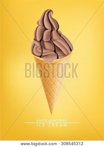 Chocolate Ice Cream Cone Vector Realistic. Dark Chocolate Splash. Swirled Smooth Creamy Toppings