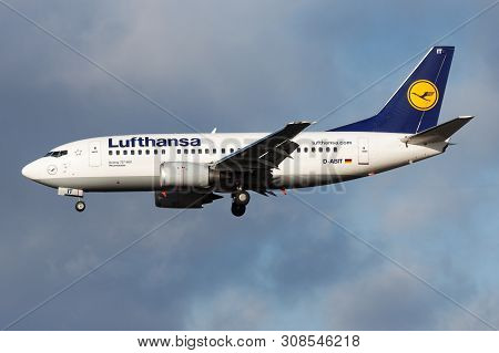 Frankfurt / Germany - December 4, 2012: Lufthansa Boeing 737-500 D-abit Passenger Plane Landing At F