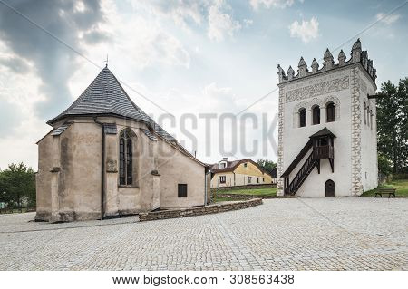 Strazky, Slovakia. 10 August 2015. Strazky Castle Tower And Church