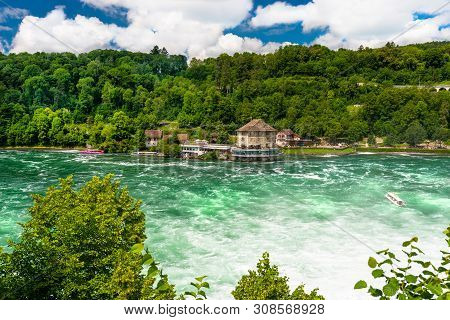 Neuhausen Am Rheinfall, Switzerland - 23 July 2019. Waterfall On The River Rhine In Neuhausen Am Rhe