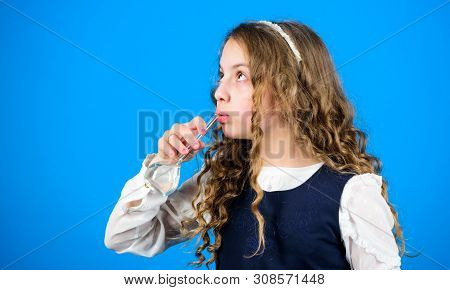 Small Girl Scientist With Testing Flask. Education And Knowledge. Future. Child Study Bilogy Lesson.