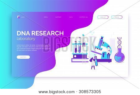 Dna Research Illustration With Scientists, Microscope, Tubes, Dna, Researches.