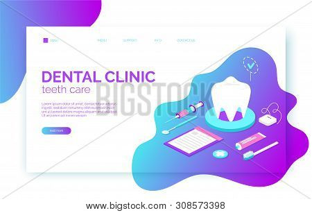 Dental Clinic Website Header, Banner, Flyer Template In Isometric Flat Style With Tooth, Brush, Toot
