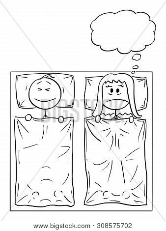 Vector Cartoon Stick Figure Drawing Conceptual Illustration Of Couple Lying In Bed, Man Is Sleeping,