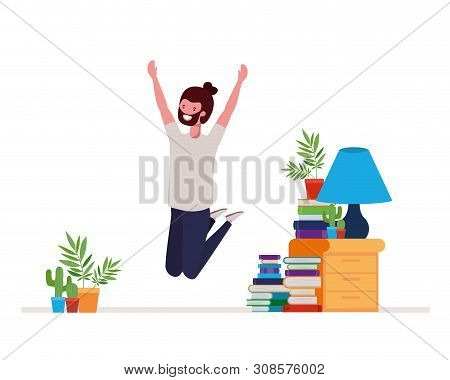 Young Man Dancing In Living Room Character Vector Illustration Design