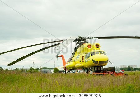 Tyumen, Russia - June 19, 2019: Aircraft Repair Helicopter Utair Engineering Plant. Old Mi-10k Helic