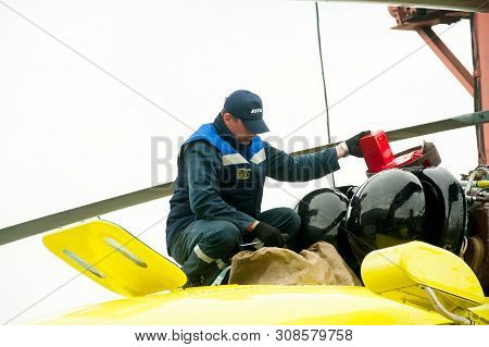Tyumen, Russia - June 19, 2019: Aircraft Repair Helicopter Utair Engineering Plant. Male Mechanic In
