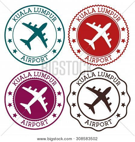 Kuala Lumpur Airport. Kuala Lumpur Airport Logo. Flat Stamps In Material Color Palette. Vector Illus