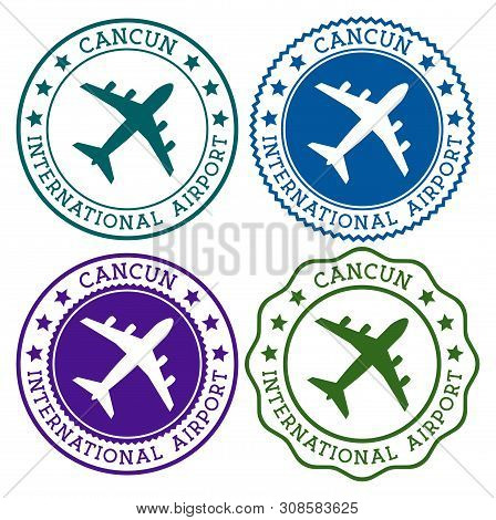 Cancun International Airport. Cancun Airport Logo. Flat Stamps In Material Color Palette. Vector Ill