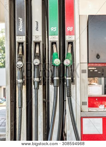 Petrol station pumps with diesel, unleaded 95 and 98 fuel distributor