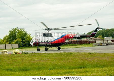 Tyumen, Russia - June 19, 2019: Aircraft Repair Helicopter Utair Engineering Plant. Test Flight Of M