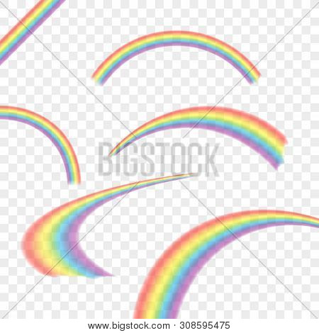 Rainbows In Different Shape Realistic Set On Transparent. Vector Stock Illustration.