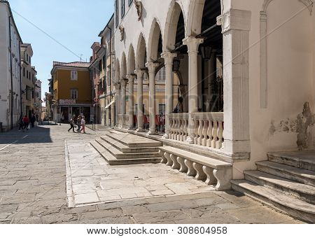 Koper, Slovenia - 24 May 2019: Facade Of The Loza Palace In The Old Town Of Koper In Slovenia