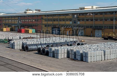 Koper, Slovenia - 24 May 2019: Ingots Of Aluminum Line The Quayside In The Port Of Koper In Slovenia