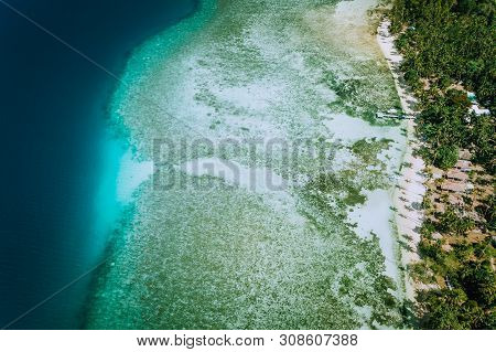Aerial Drone View Of Coral Reef And Shallow Transparent Lagoon Water El Nido. Top Down View. Bacuit 