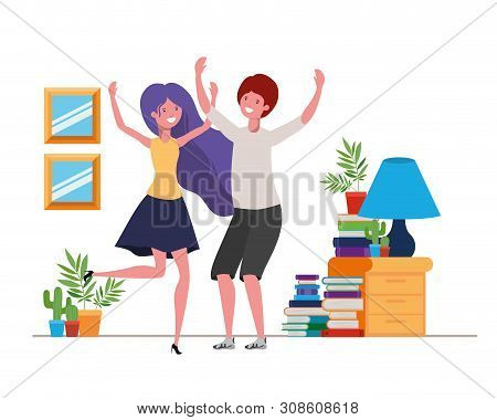 Young Couple Dancing In Living Room Character Vector Illustration Design