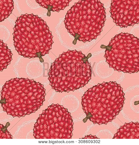 Seamless Pattern With Ripe Red Lychee On Pink Background