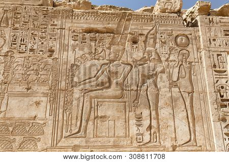 Egyptian Hieroglyphs In Medinet Habu Temple, Luxor, Egypt