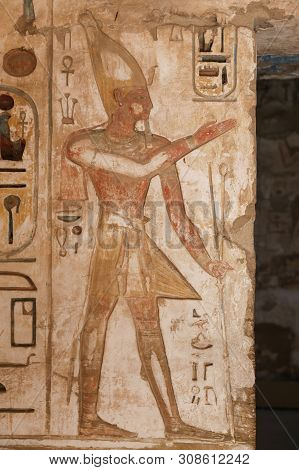 Egyptian Hieroglyphs In Medinet Habu Temple, Luxor, Egypt