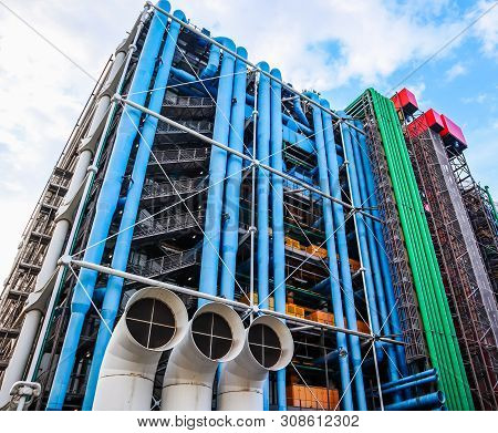 Paris / France - April 06 2019: Colorful Facade Of The Center Of Georges Pompidou