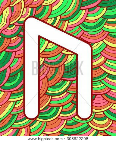 Ancient Scandinavic Rune Urus With Doodle Ornament Background. Colorful Psychedelic Fantastic Mystic