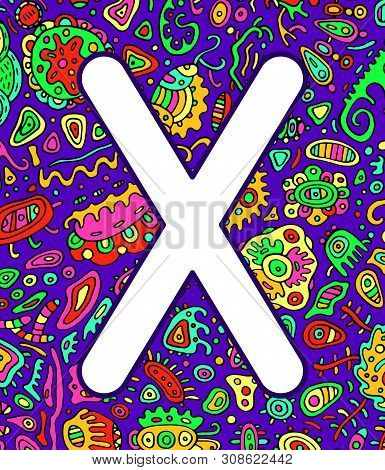 Ancient Scandinavic Rune Gebo With Doodle Ornament Background. Colorful Psychedelic Fantastic Mystic