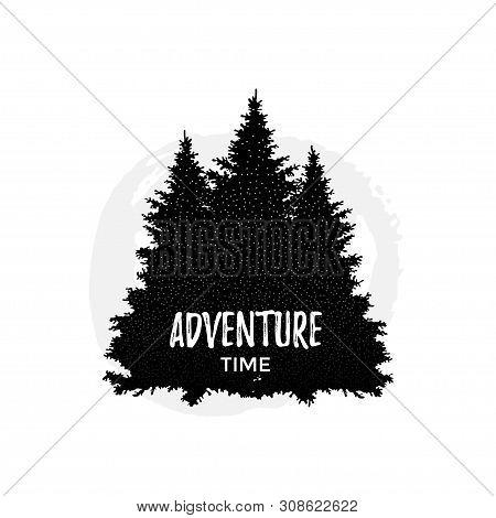 Adventure Time Concept With Silhouettes Of Fir Trees. Vector Illustration In Flat Style.