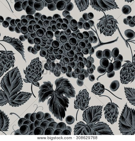 Seamless Pattern With Hand Drawn Stylized Grapes, Hop Stock Illustration