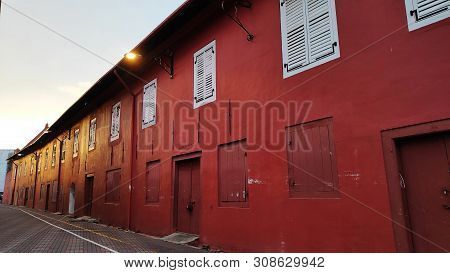 Melaka, Malaysia - 25 Jun, 2019: The Oriental Red Building  At Dutch Square Historical City Centre I