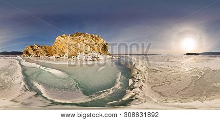 Icy Rocks Of Olkhon Island Are Lake Baikal. Spherical 360 180 Vr Panorama