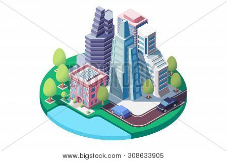 3d Isometric City Landscape With Street, Urban Park, Skyscrapers. Concept Modern Building Architectu
