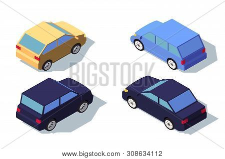 Isometric 3d Back View Blue And Yellow Classic Sedan Car. Concept Isolated Vehicle, Automobile, Midd