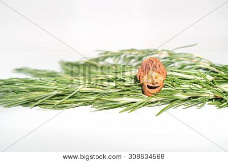 The smiling little man, talisman graven of peach pit, in front of fresh  rosemary sprigs on white background. Food art, macro, copy space