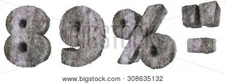 Abstract Old Concrete Figures and Signs Isolated on White Background. Stone Figures 8, 9, and Percent, Dash and Quotes Sign 3D Illustration.