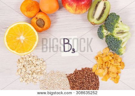Inscription B3 And Nutritious Different Products Containing Vitamin B3 And Natural Minerals, Concept