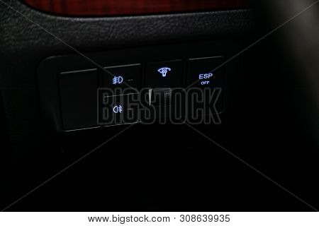 Novosibirsk, Russia - June 22, 2019:  Hyundai Santa Fe, Close-up On The Headlight Switch Control But