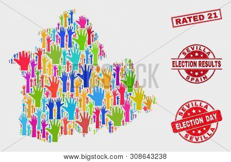 Election Sevilla Province Map And Seal Stamps. Red Rectangular Rated 21 Grunge Stamp. Bright Sevilla
