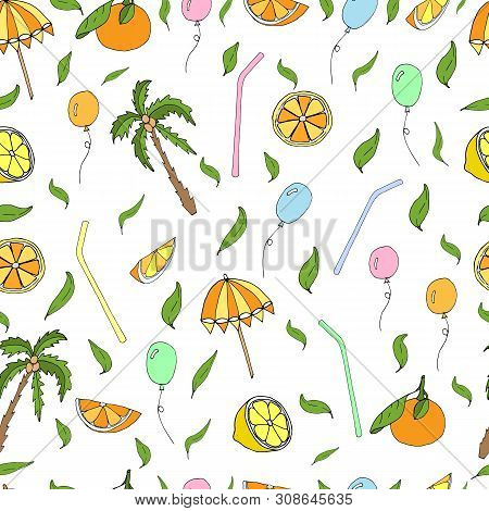 Background Hand Draw  Vector  For The Decoration Of A Holiday At Sea. Beach Party: Oranges And Palm 