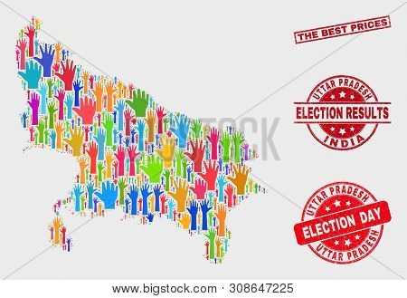 Voting Uttar Pradesh State Map And Seal Stamps. Red Rectangular The Best Prices Grunge Seal Stamp. C