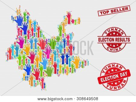 Election Yunnan Province Map And Watermarks. Red Rectangular Top Seller Distress Seal. Colored Yunna